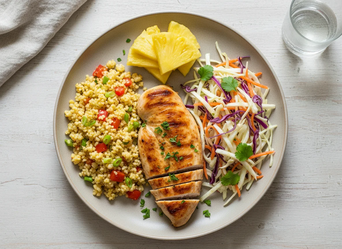 Frango com arroz de couve-flor, salada e abacaxi photo