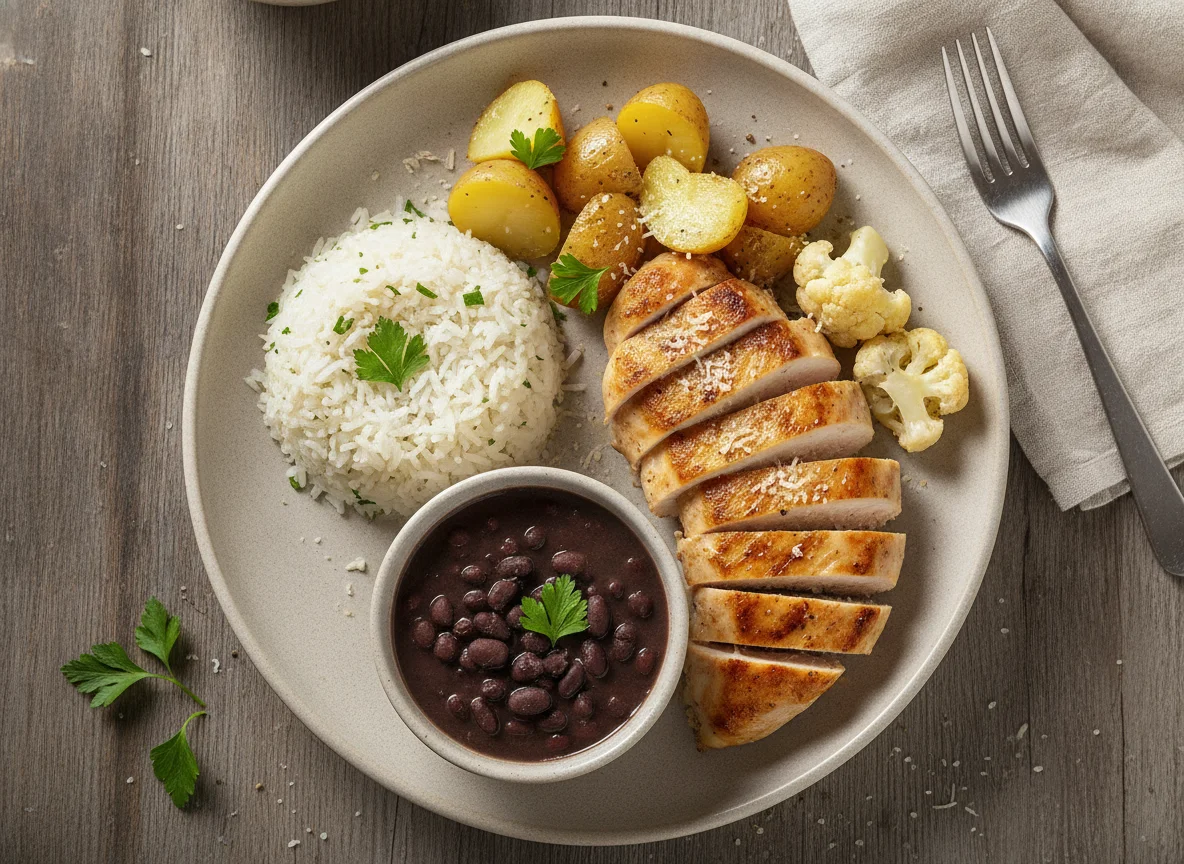 Frango com arroz de konjac, feijão e legumes photo