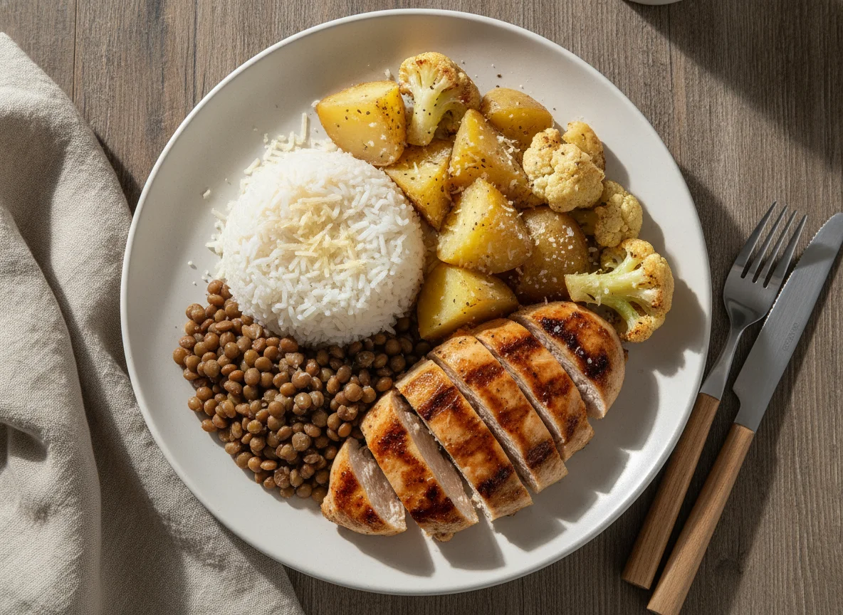 Frango com arroz de konjac, lentilha e legumes photo