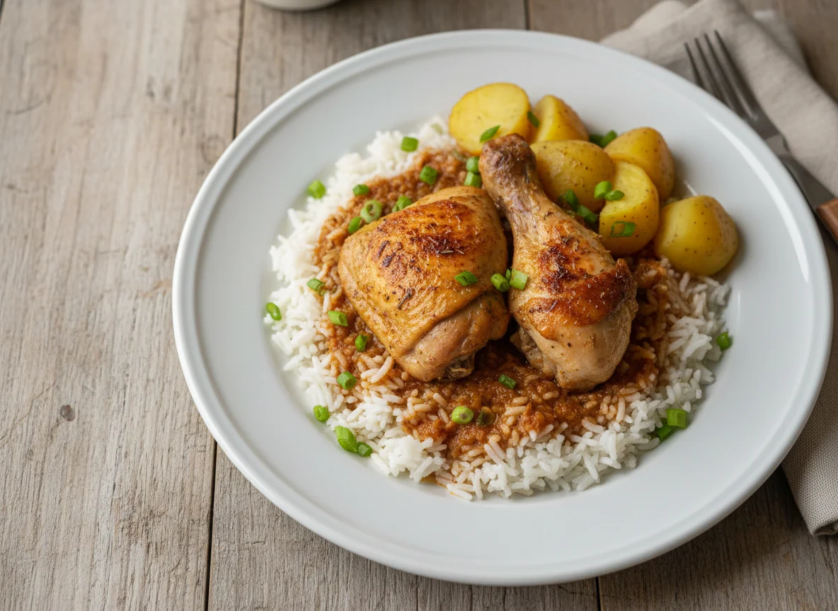 Frango com arroz e batata photo