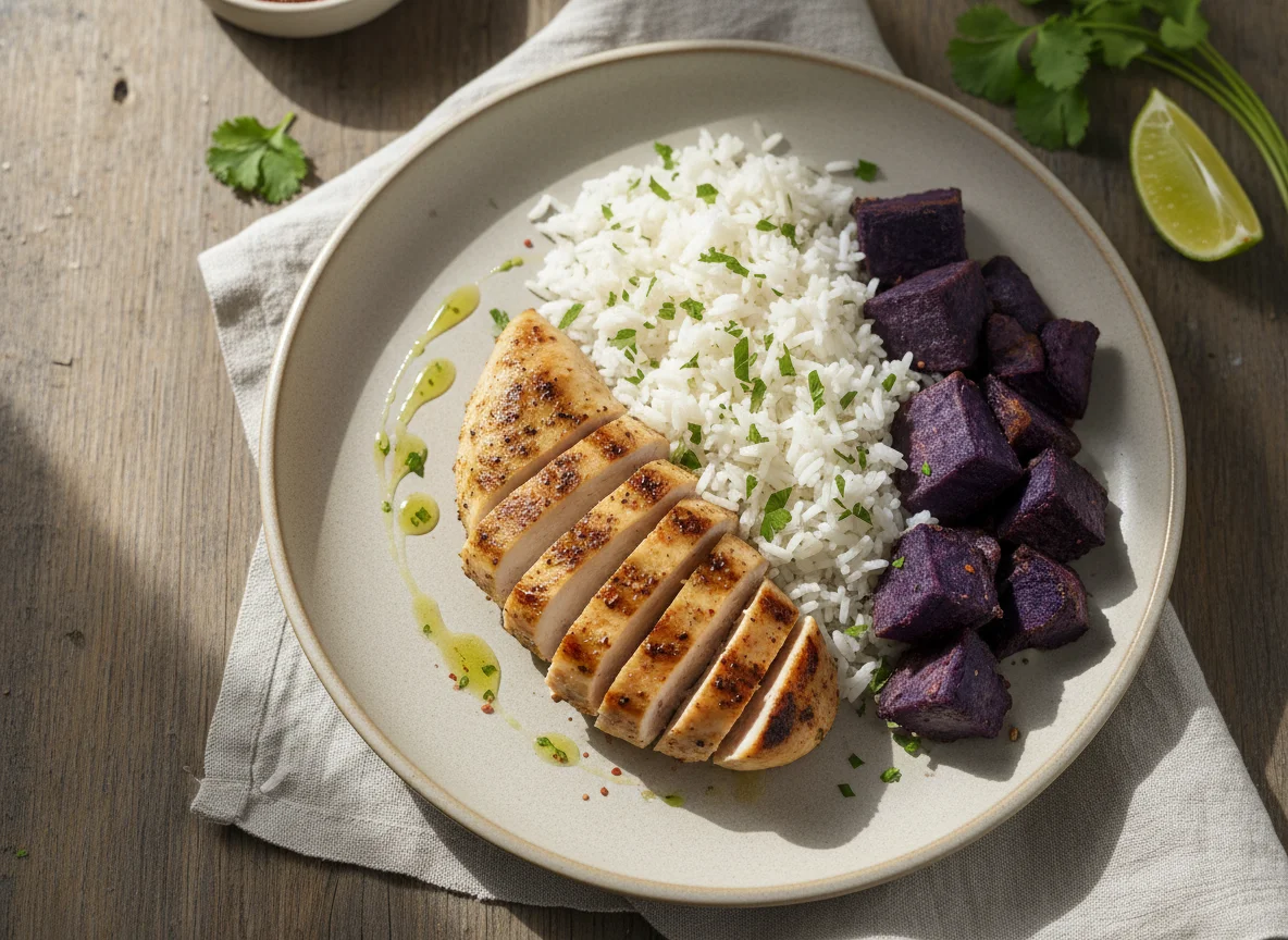 Frango com Arroz e Batata Doce Roxa photo