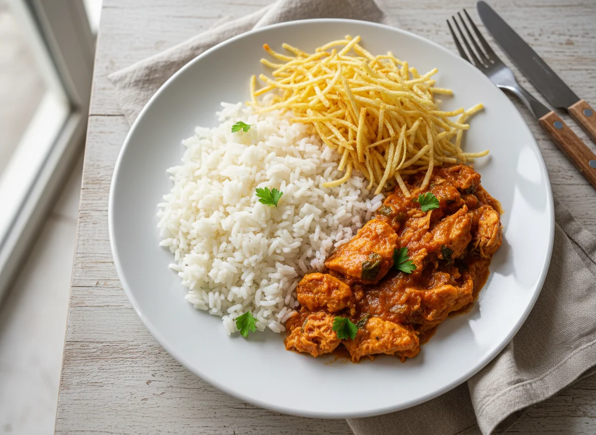 Frango com arroz e batata palha photo