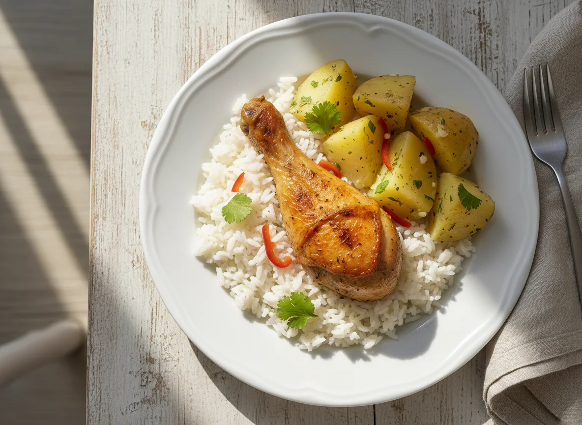 Frango com arroz e batatas photo
