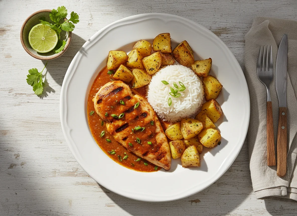 Frango com arroz e batatas rústicas photo