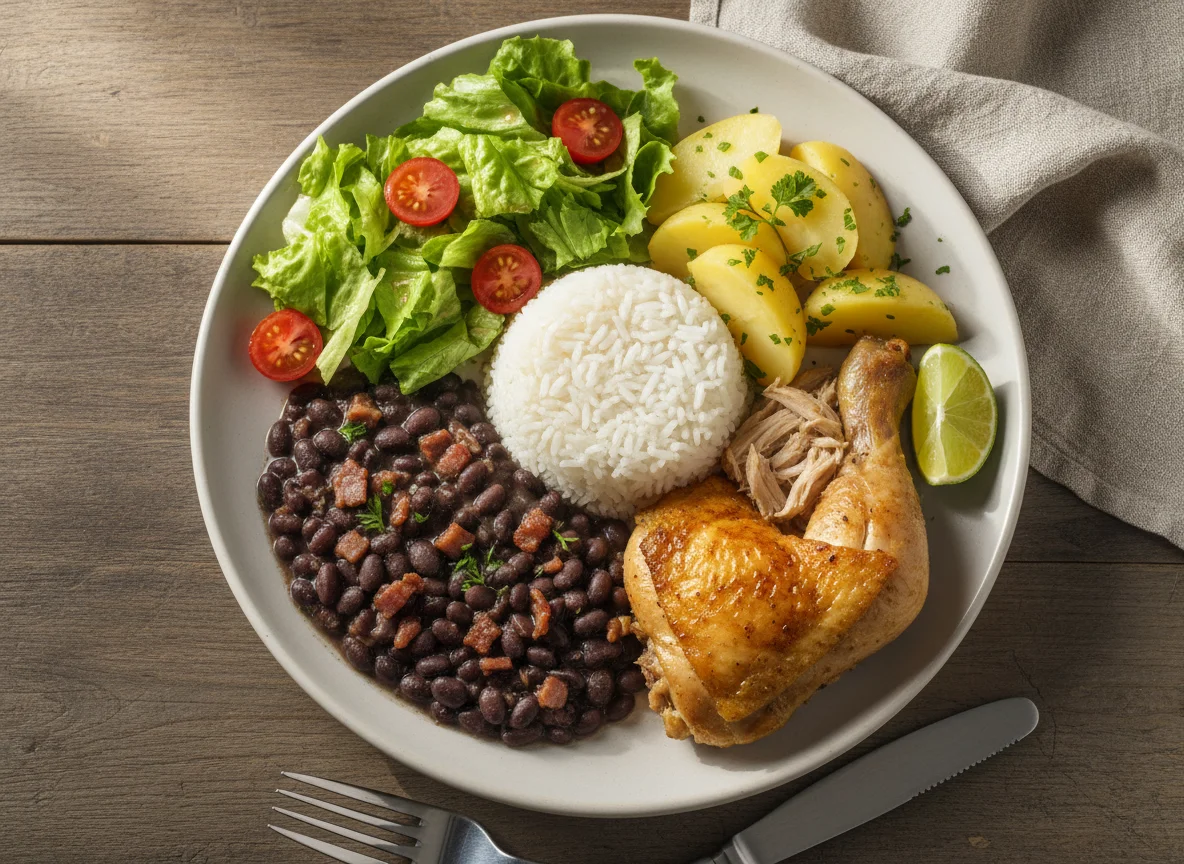 Frango com arroz e feijão, batata e salada photo