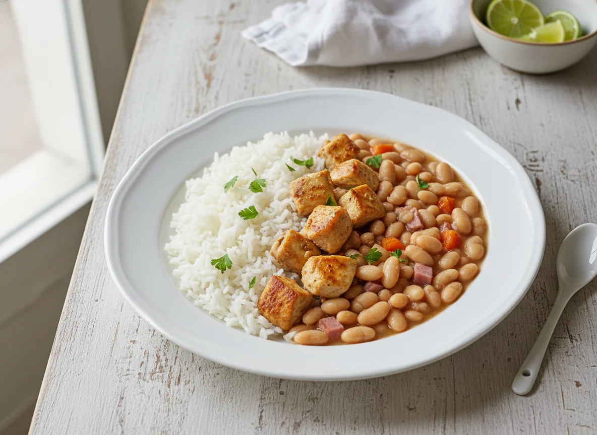 Frango com arroz e feijão branco photo