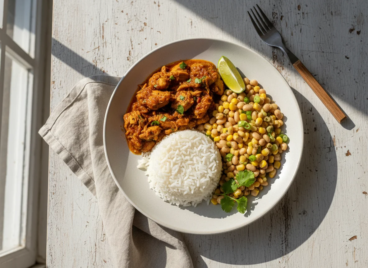 Frango com Arroz e Feijão-fradinho photo