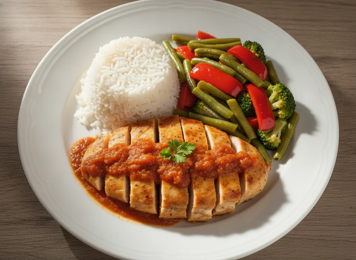 Frango com arroz e legumes salteados photo