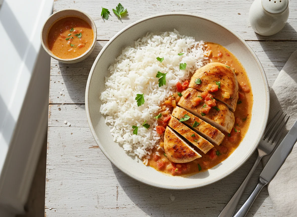 Frango com Arroz e Molho Cremoso photo