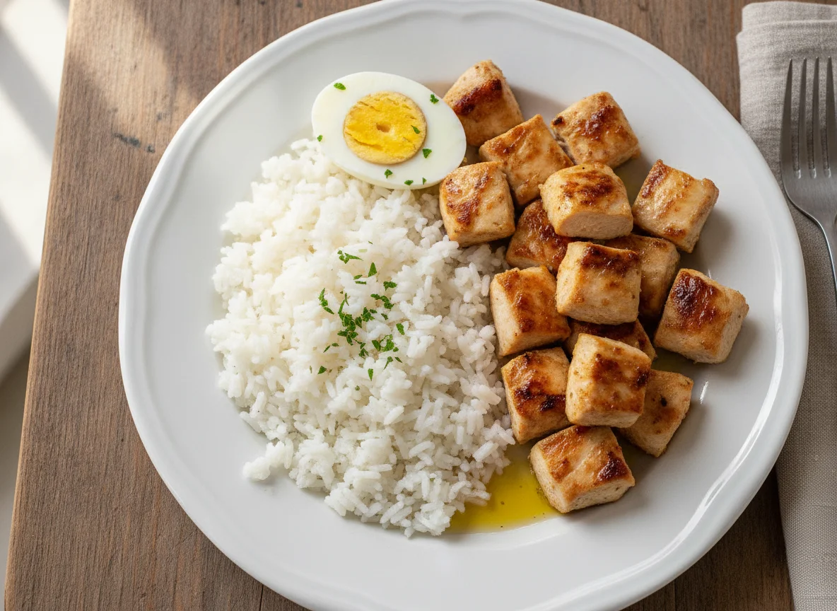 Frango com arroz e ovo cozido photo