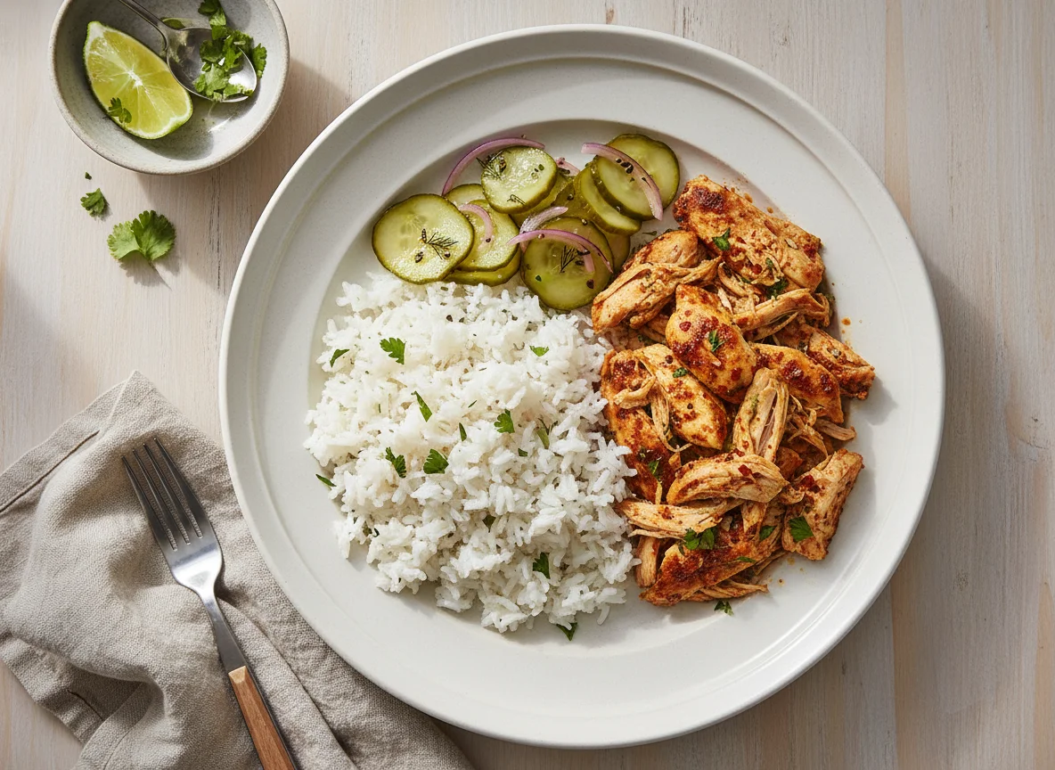 Frango com arroz e pepino agridoce photo