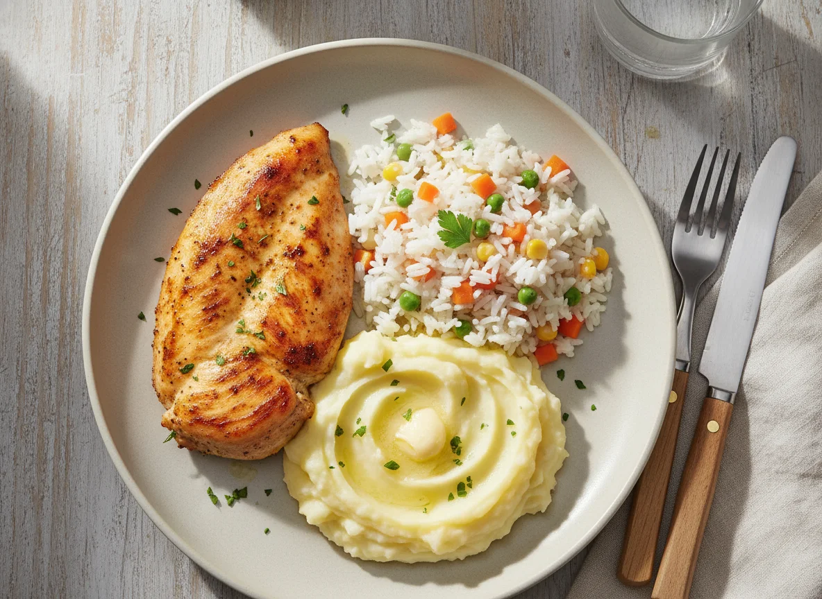 Frango com arroz e purê de batata photo