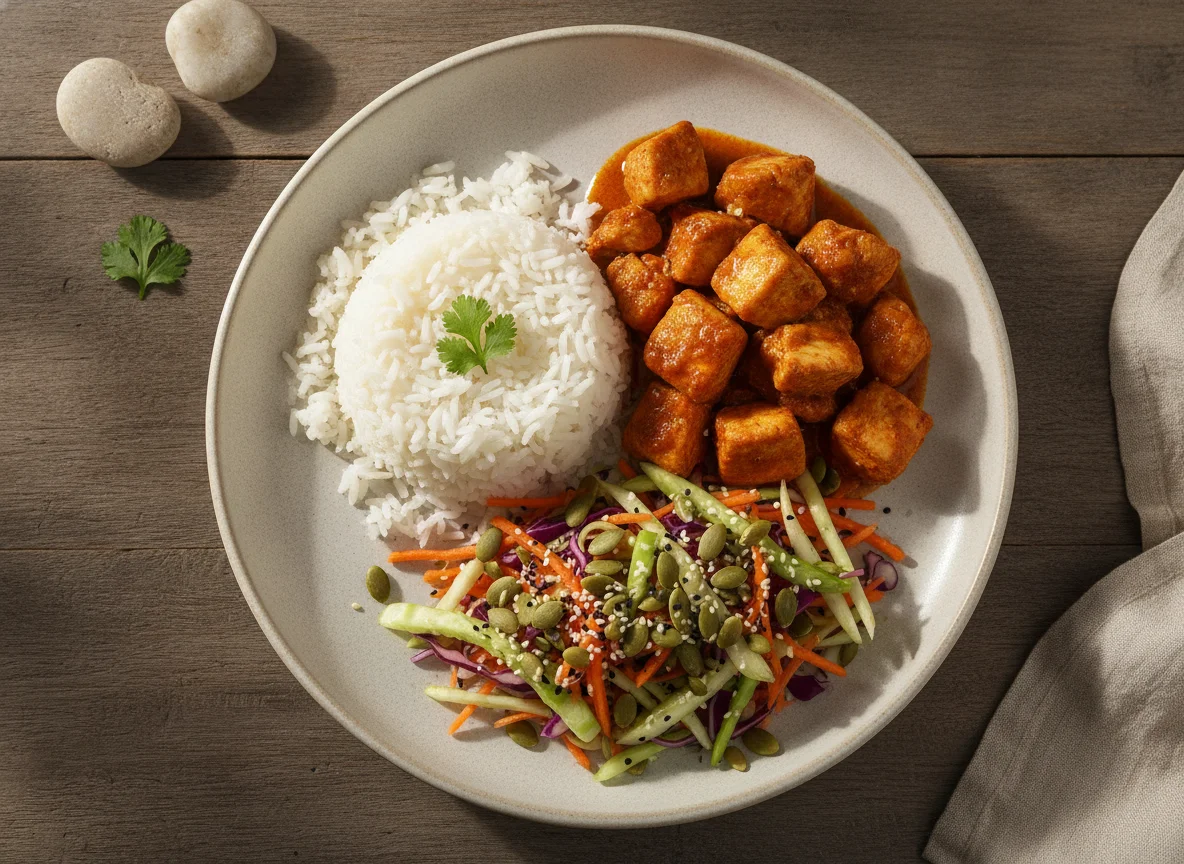 Frango com arroz e salada de cenoura com sementes photo