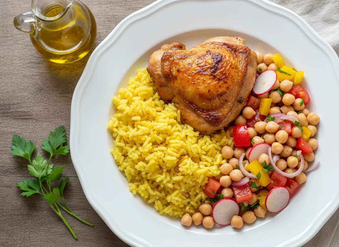 Frango com arroz e salada de grão de bico photo