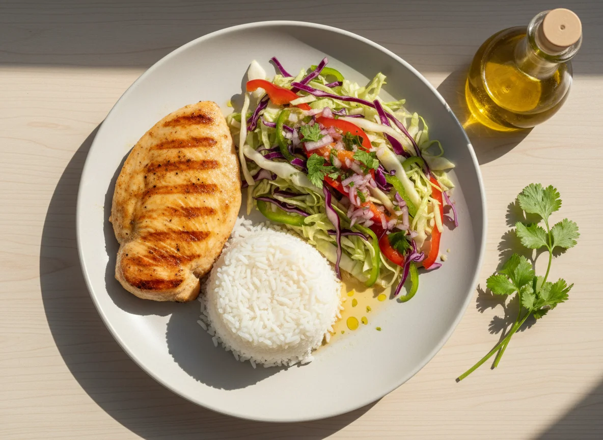 Frango com arroz e salada de repolho photo