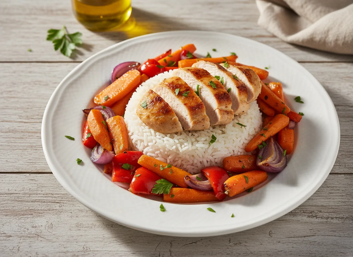Frango com arroz e vegetais assados photo