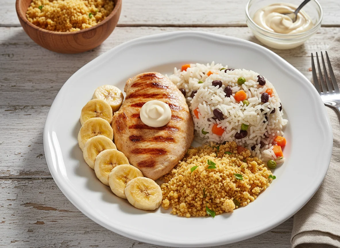 Frango com arroz, farofa e banana photo