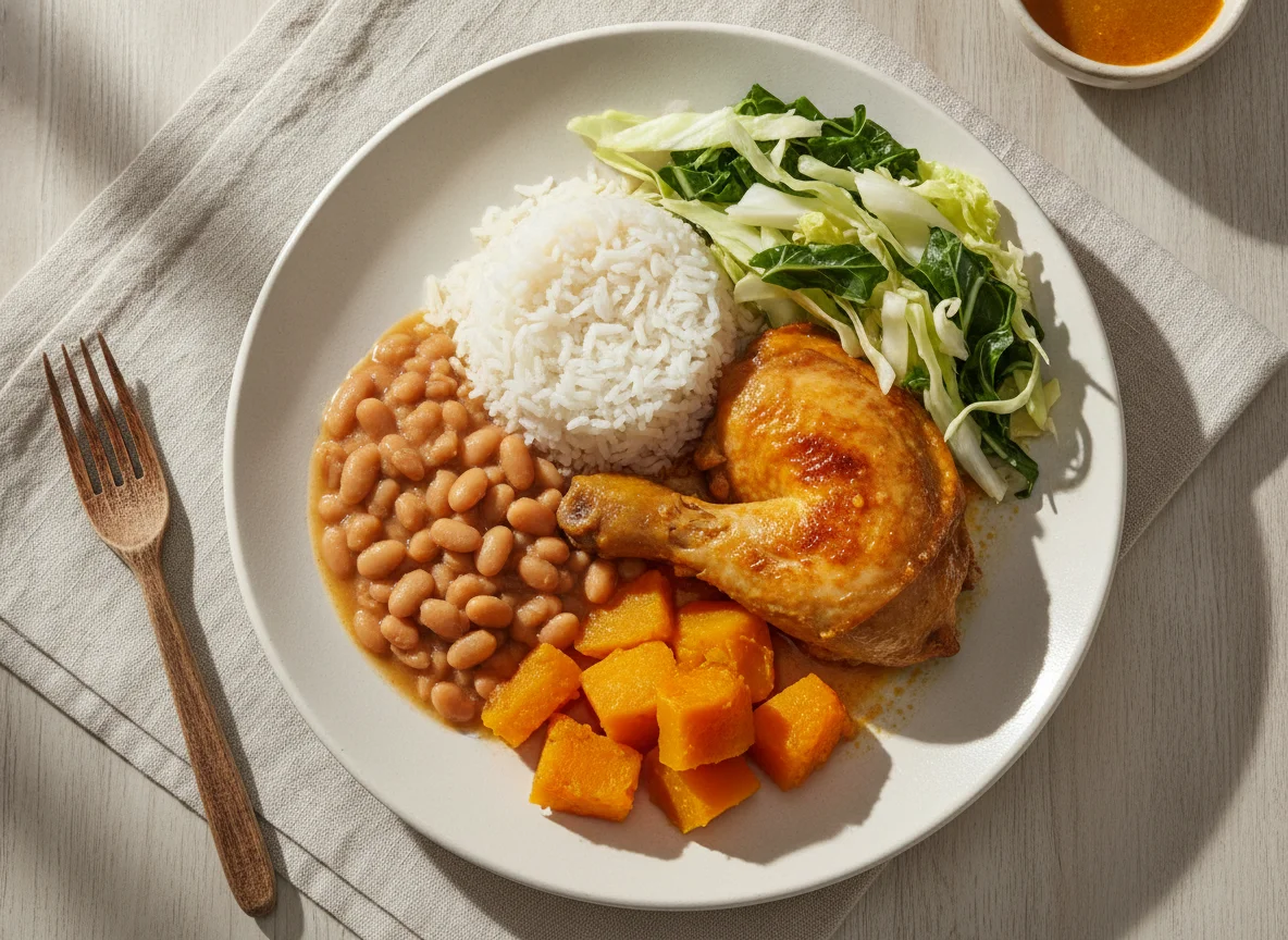 Frango com Arroz, Feijão, Abóbora e Salada photo