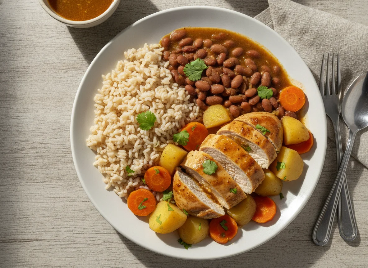 Frango com arroz, feijão, batata e cenoura photo