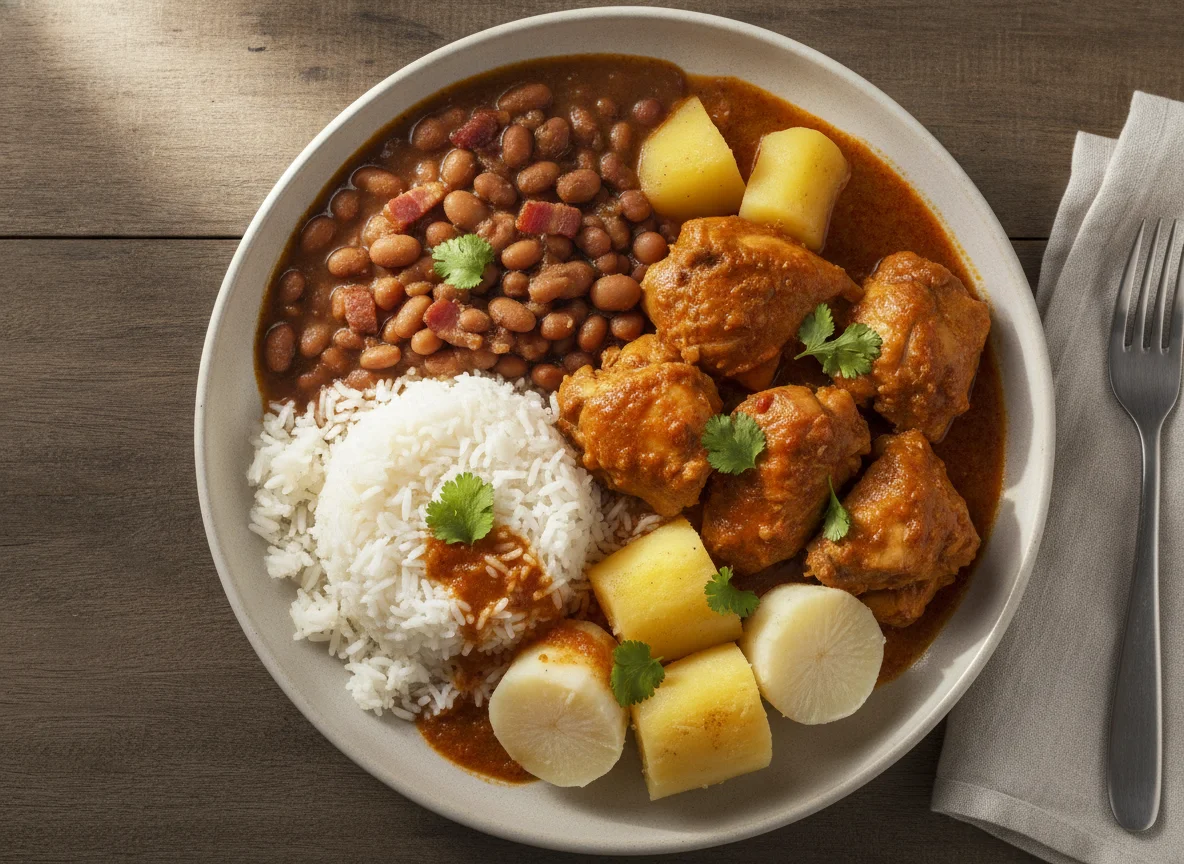 Frango com arroz, feijão, batata e mandioca photo