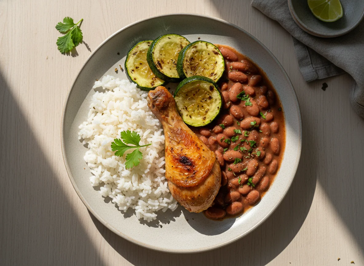 Frango com arroz, feijão e abobrinha assada photo