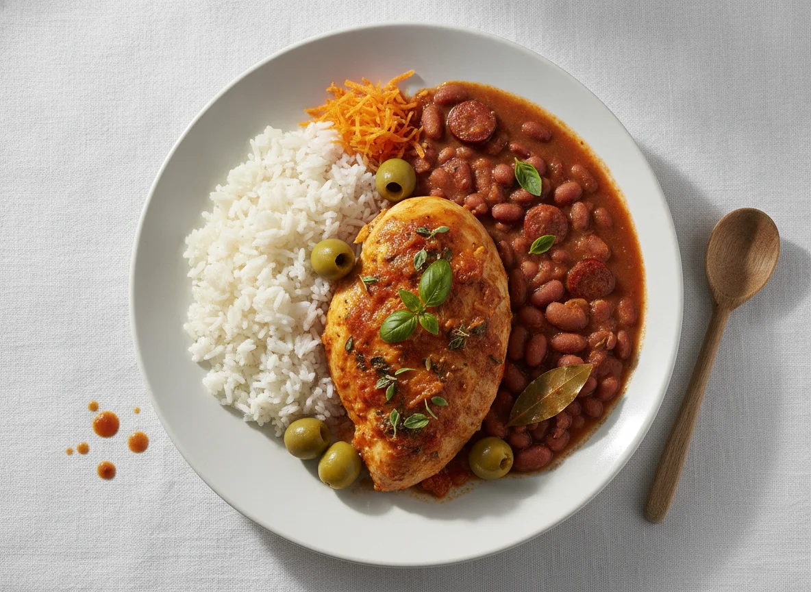 Frango com arroz, feijão e azeitonas photo
