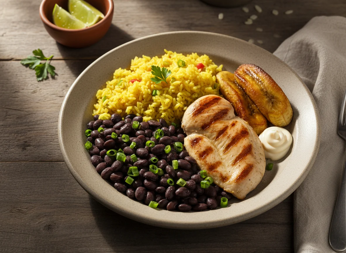 Frango com arroz, feijão e banana photo