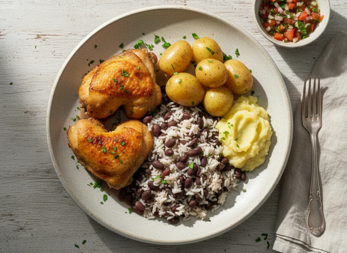 Frango com arroz, feijão e batata photo