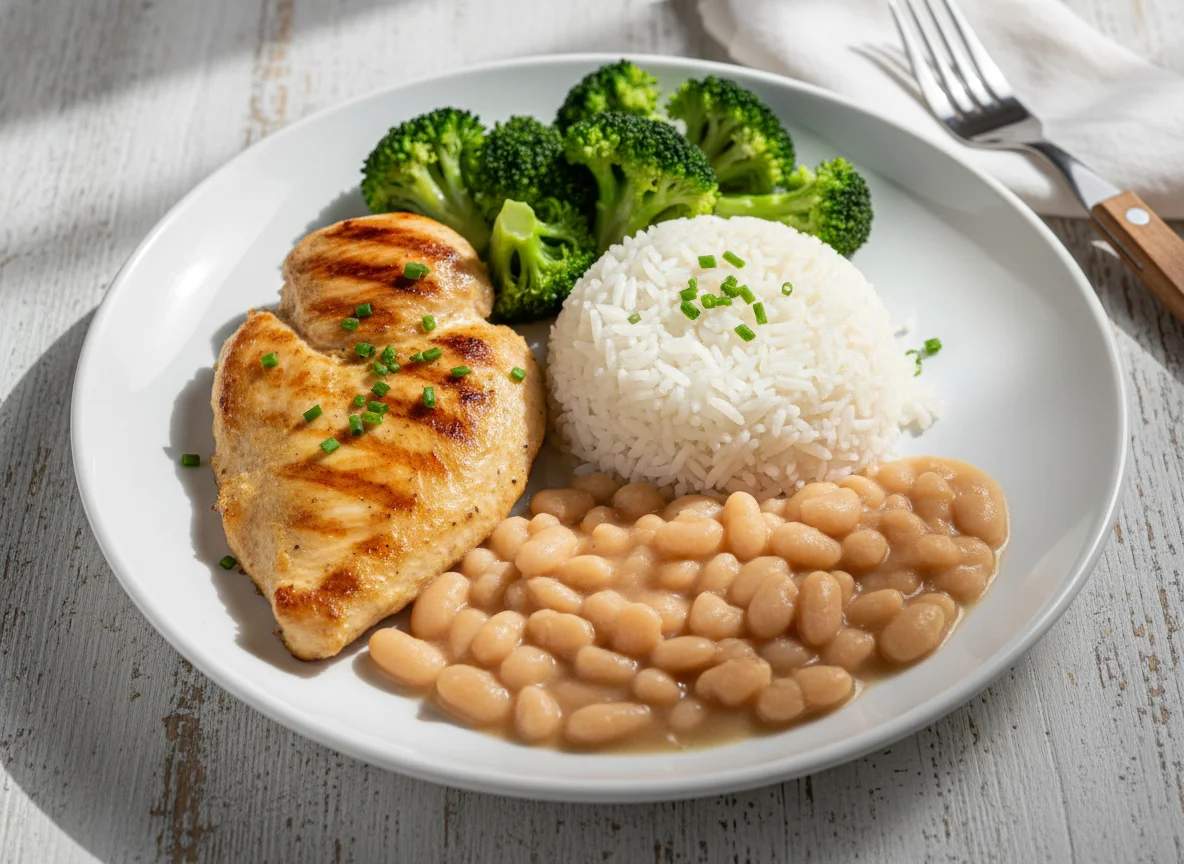 Frango com arroz, feijão e brócolis photo