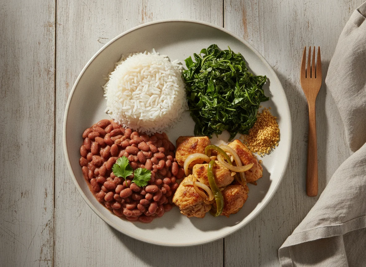 Frango com arroz, feijão e couve photo