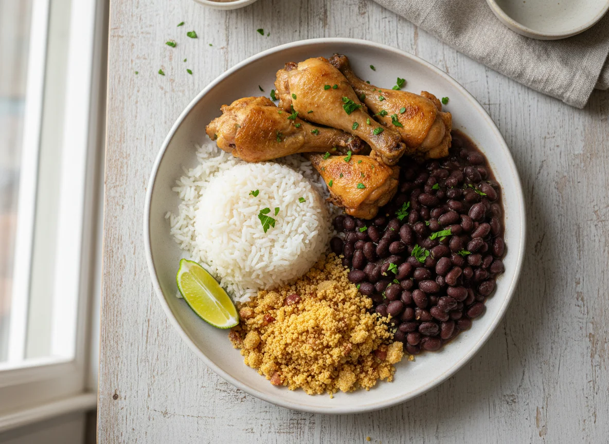 Frango com arroz, feijão e farofa photo