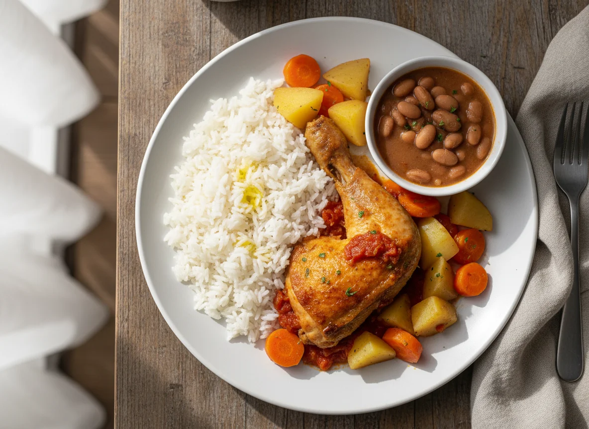Frango com arroz, feijão e legumes photo
