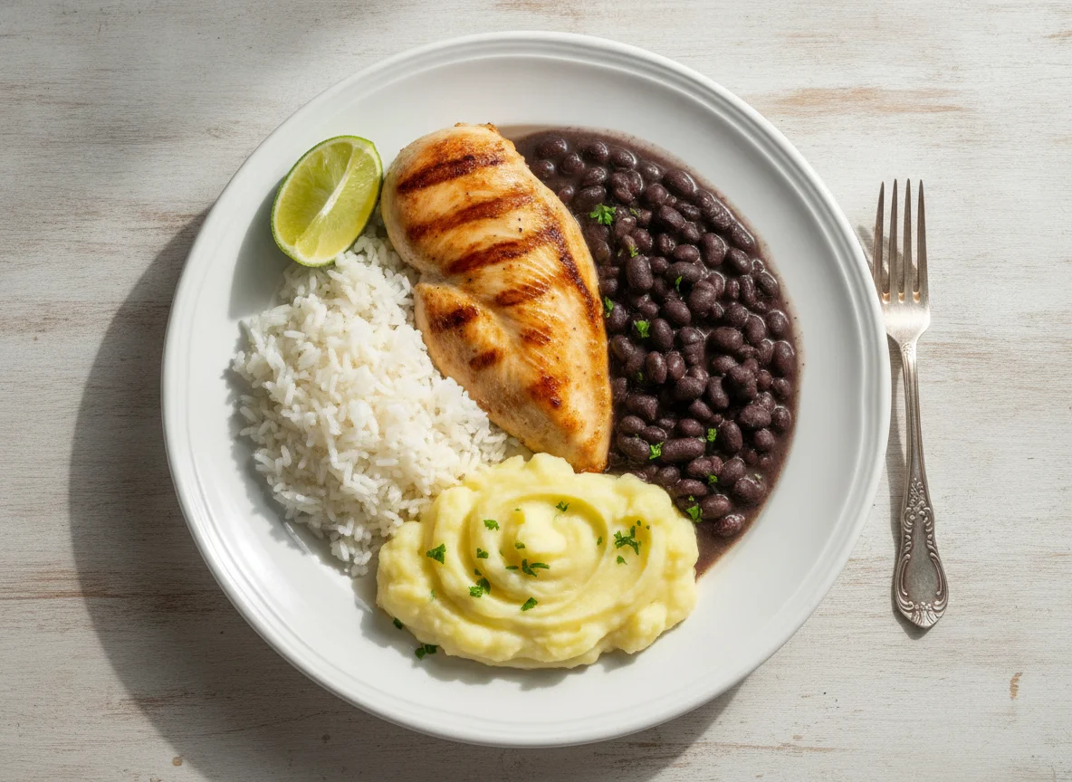 Frango com arroz, feijão e purê de batata photo