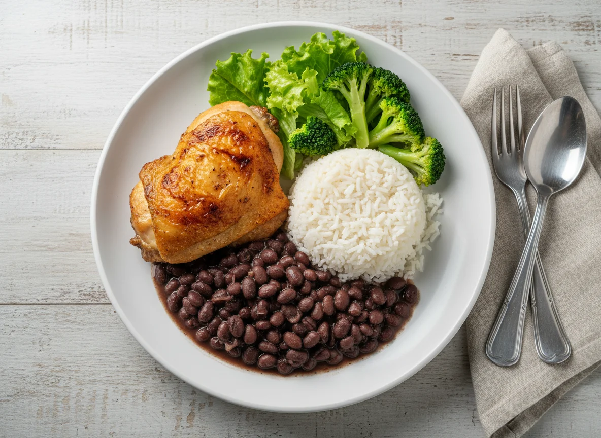 Frango com arroz, feijão e salada photo