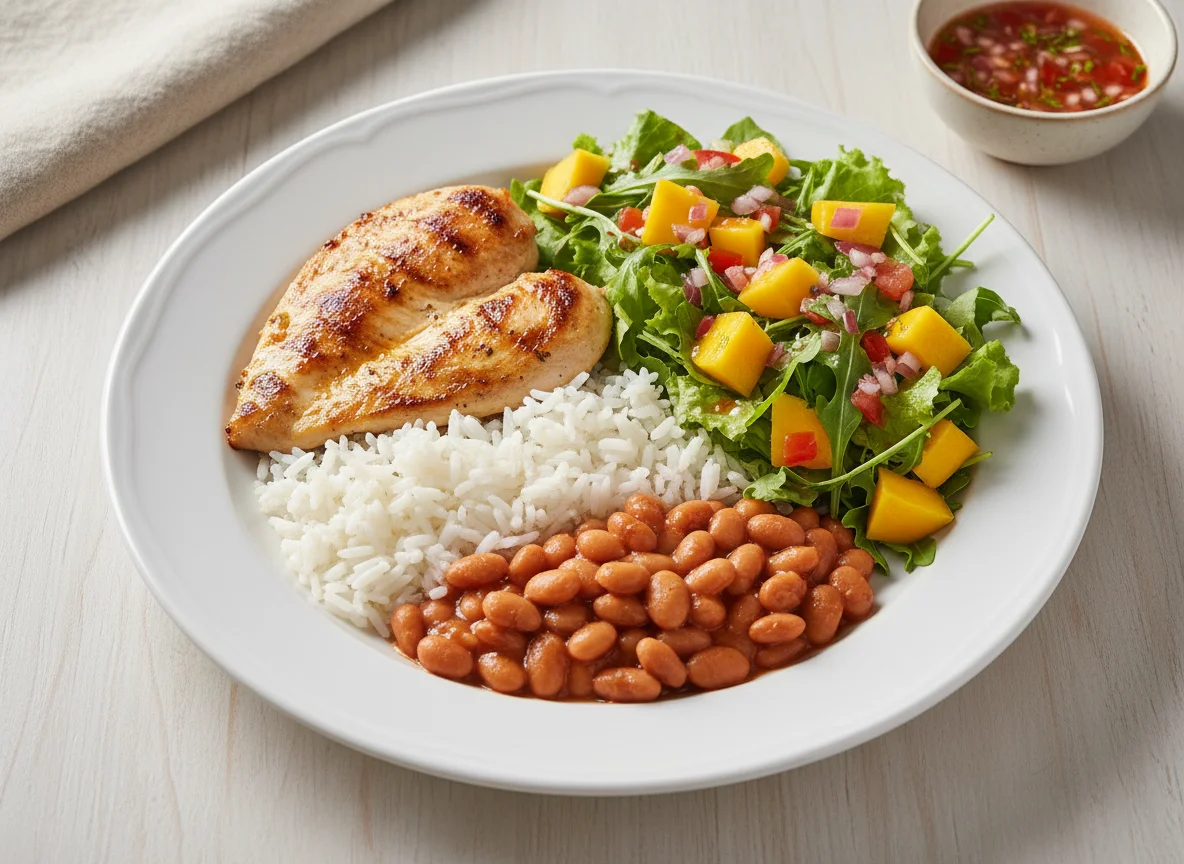 Frango com arroz, feijão e salada de manga photo