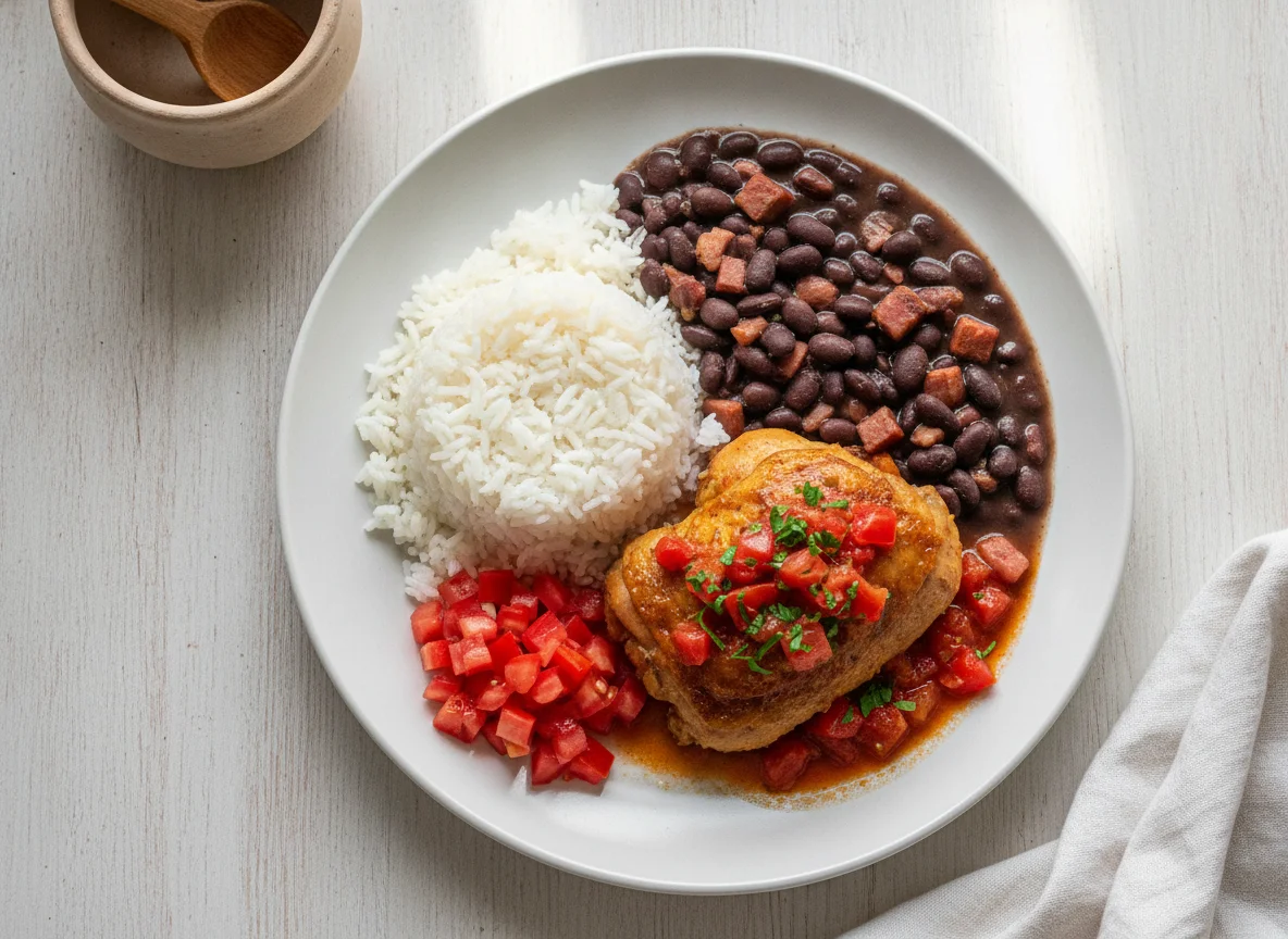 Frango com arroz, feijão e tomate photo