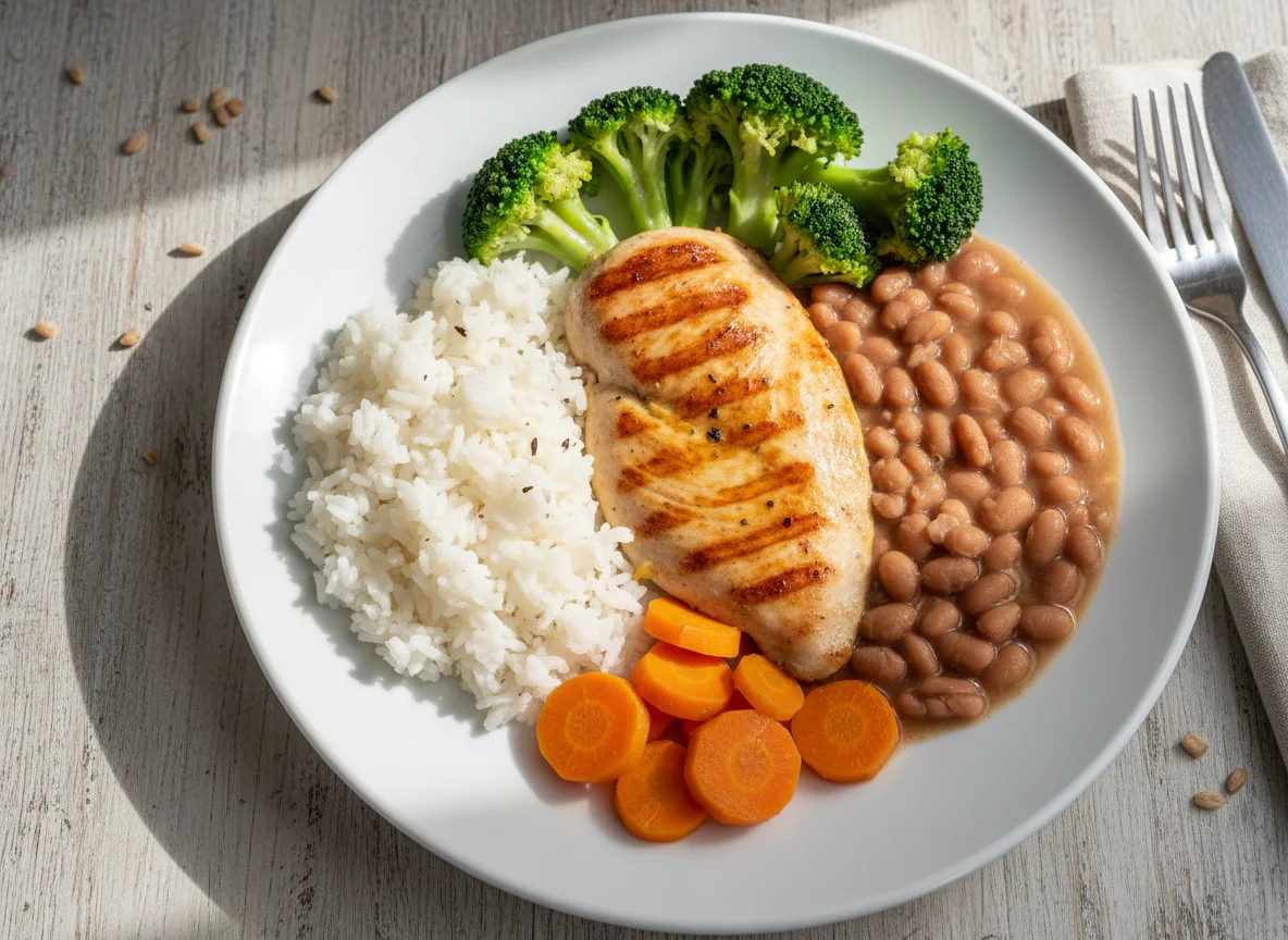 Frango com arroz, feijão e vegetais photo