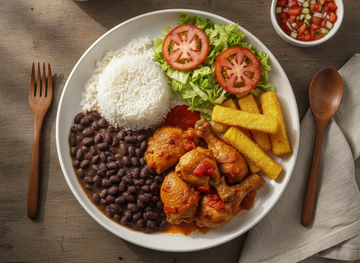 Frango com arroz, feijão, polenta frita e salada photo