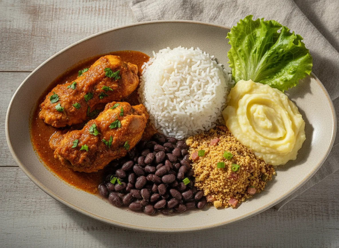 Frango com arroz, feijão, purê e farofa photo