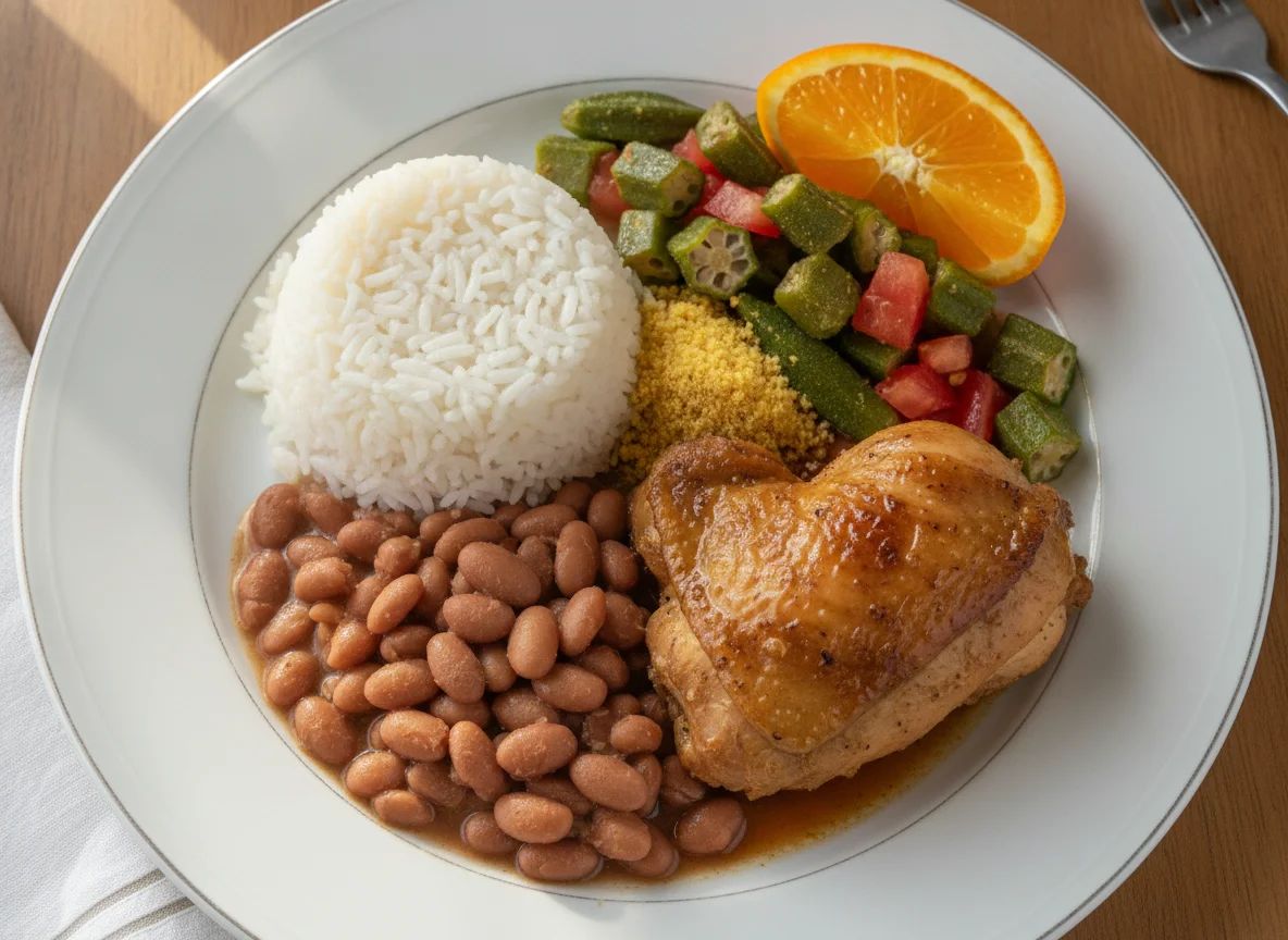 Frango com arroz, feijão, quiabo e laranja photo