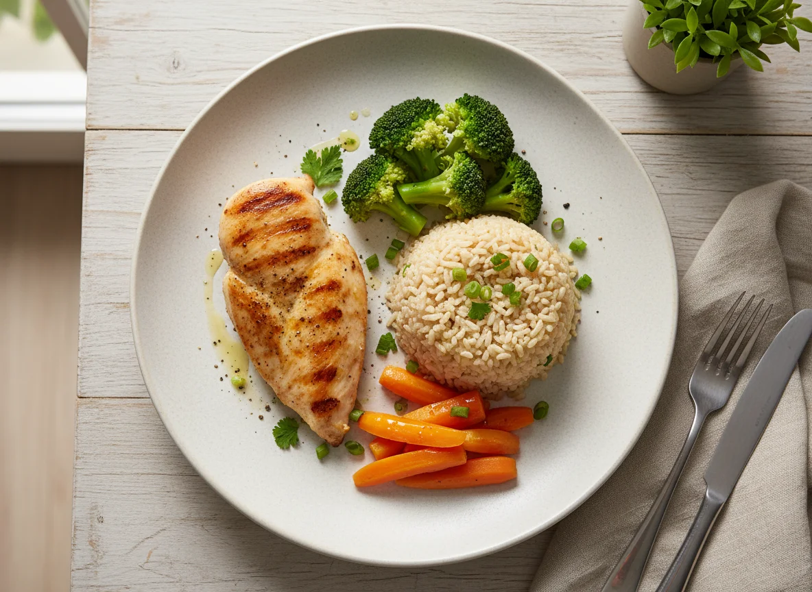 Frango com arroz integral, brócolis e cenoura photo