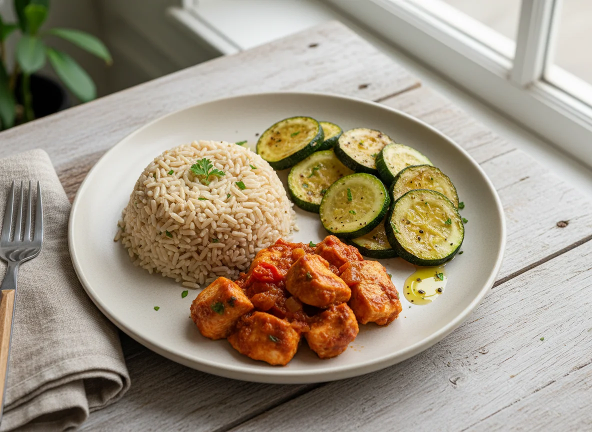 Frango com arroz integral e abobrinha salteada photo