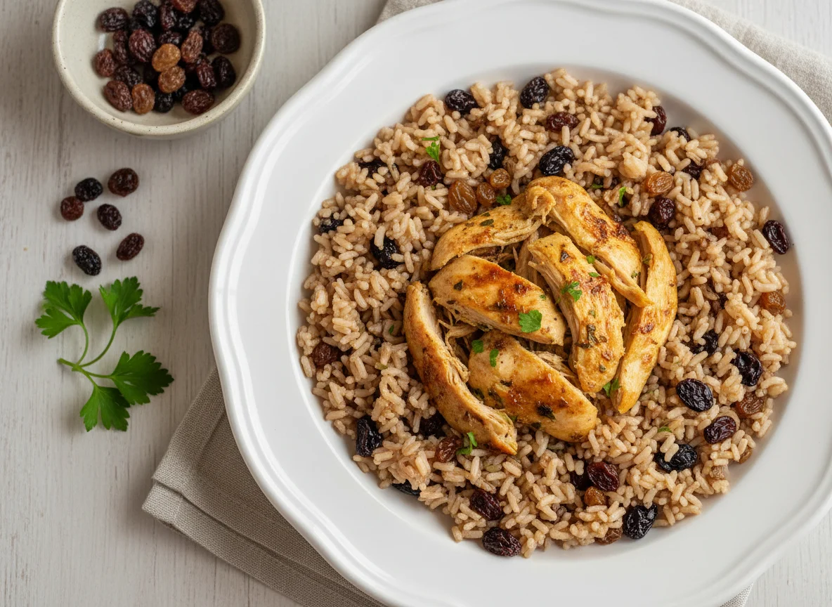 Frango com arroz integral e uvas passas photo