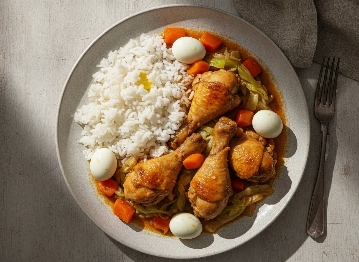 Frango com arroz, legumes e ovos de codorna photo