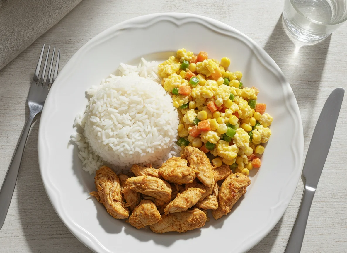 Frango com arroz, legumes e ovos mexidos photo