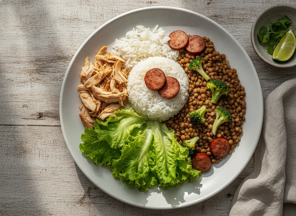 Frango com arroz, lentilhas e vegetais photo