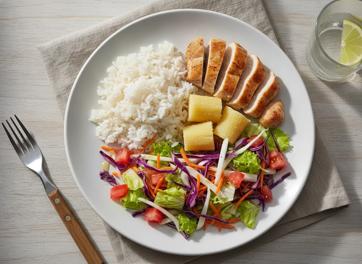 Frango com arroz, mandioca e salada mista photo