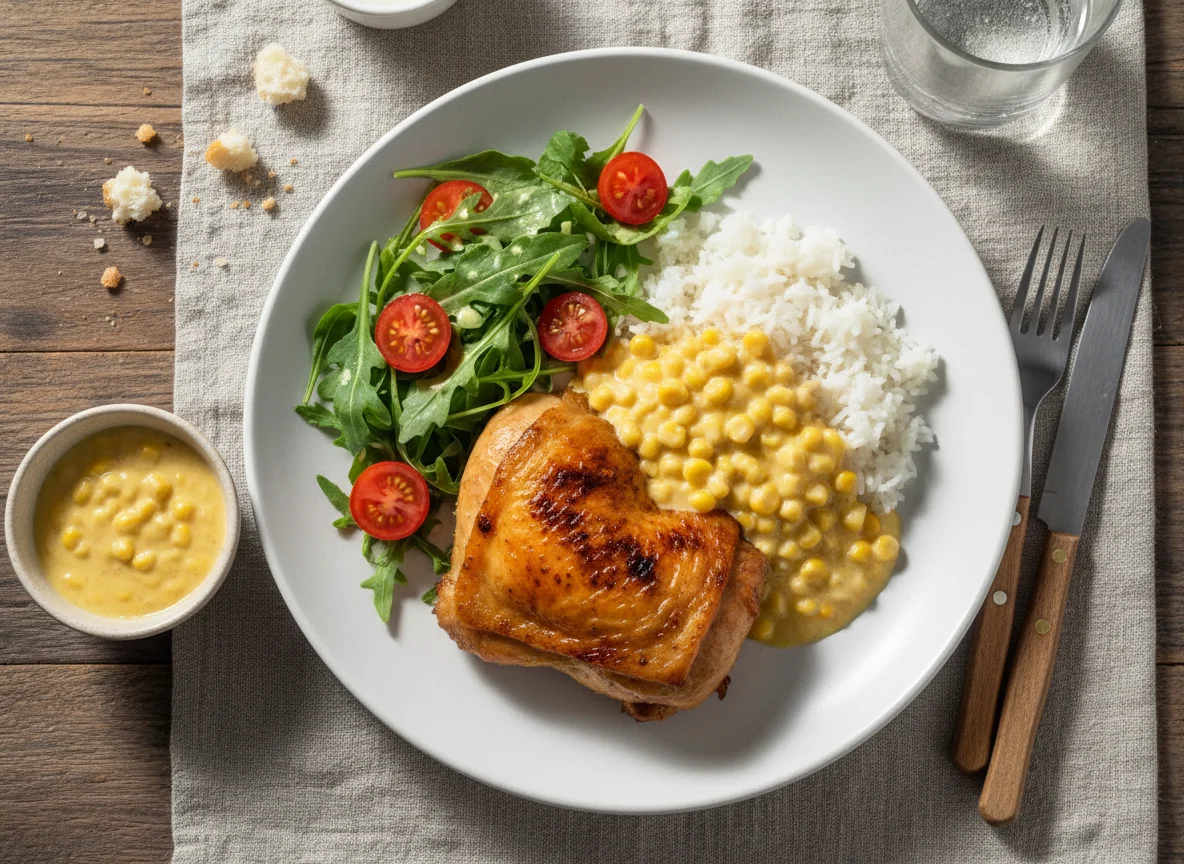 Frango com arroz, molho e salada de rúcula photo