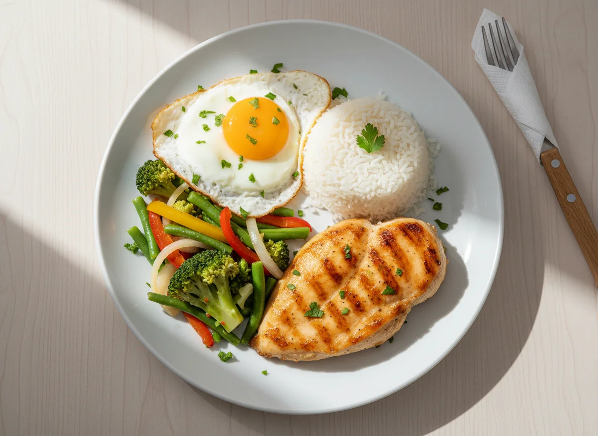 Frango com arroz, ovo e vegetais salteados photo
