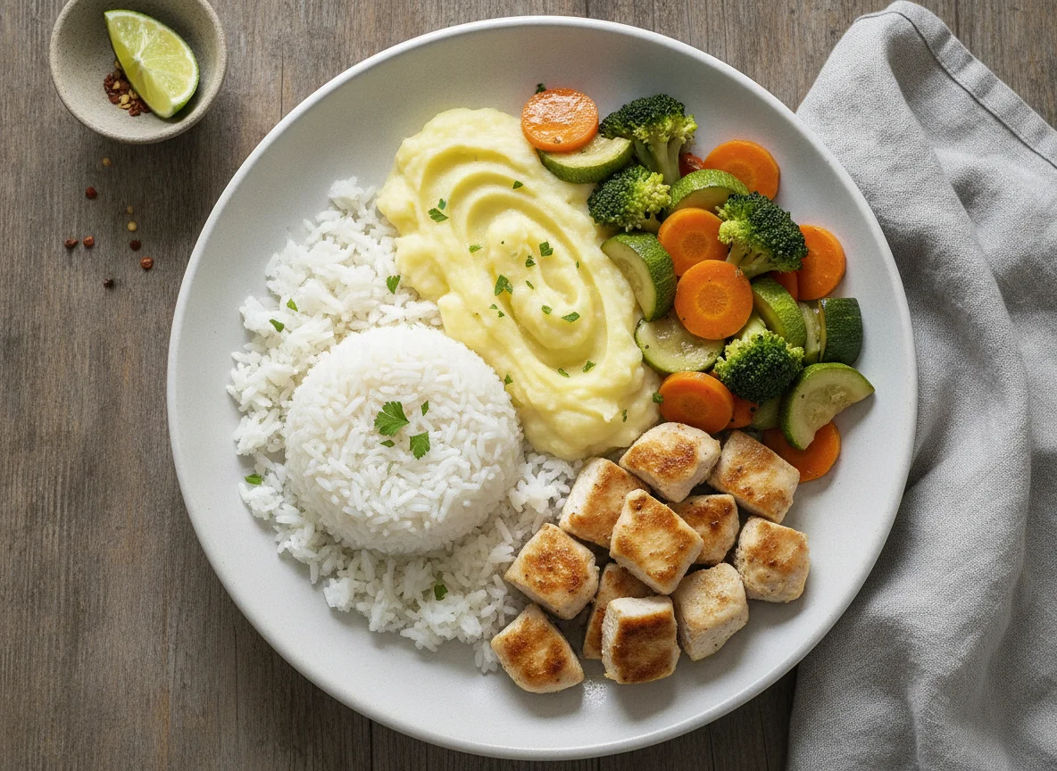 Frango com arroz, purê de batata e legumes photo
